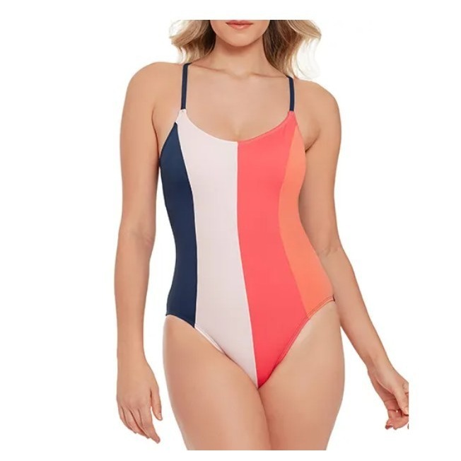 Nwt Time And Tru Blue White Orange Color-Blocked Control One-Piece Swimsuit - M